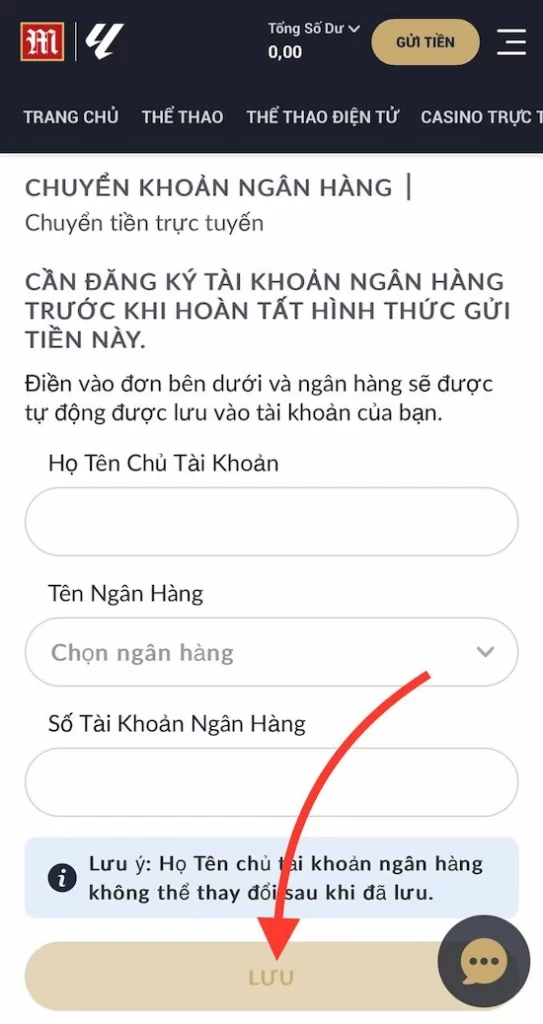 Nạp tiền M88 chuyển khoản ngân hàng bước 6